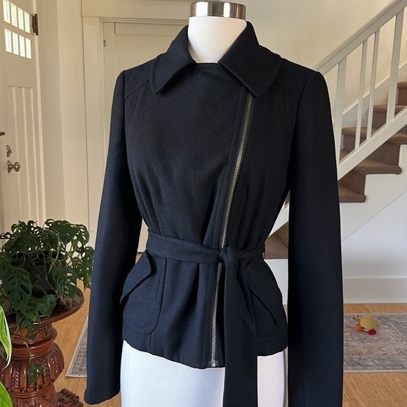 HALOGEN Wool Blend Moto Style Belted Jacket Black XS - Picture 3 of 14